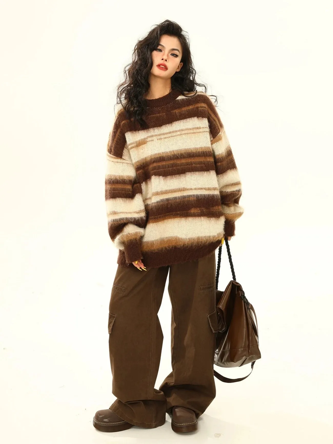 Striped Oversized Drop Shoulder Fuzzy Sweater