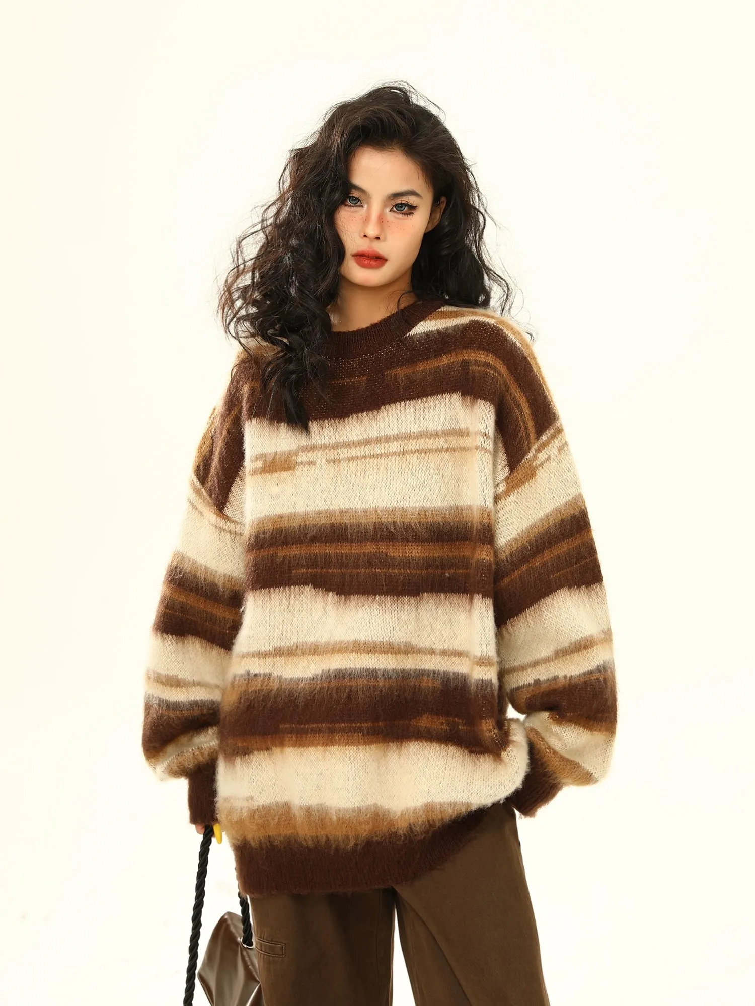 Striped Oversized Drop Shoulder Fuzzy Sweater