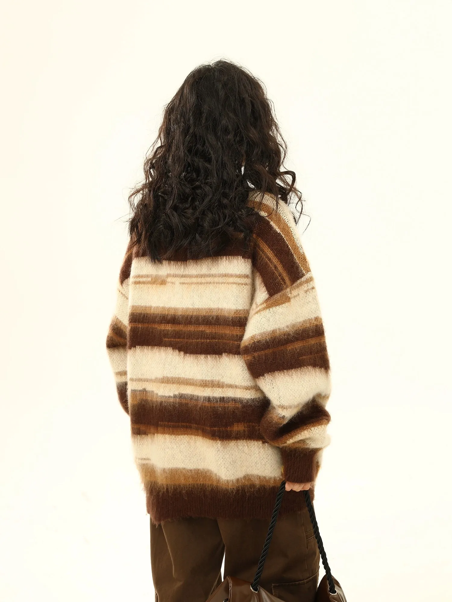 Striped Oversized Drop Shoulder Fuzzy Sweater