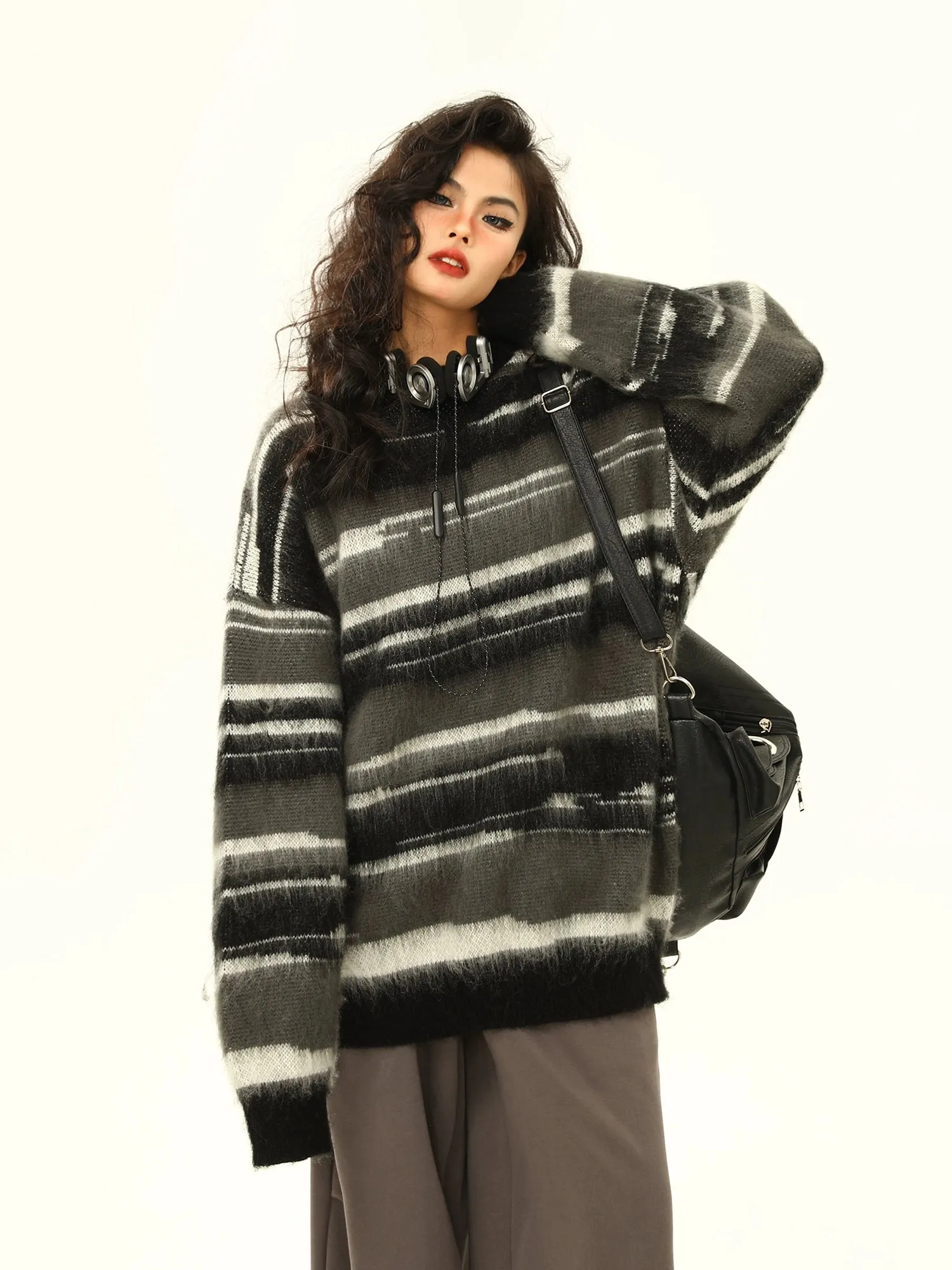 Striped Oversized Drop Shoulder Fuzzy Sweater