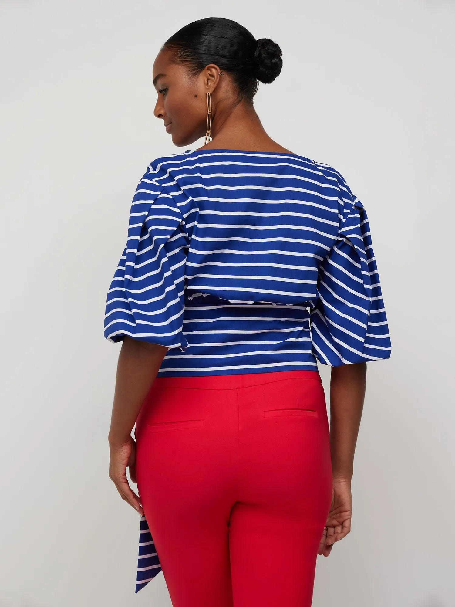 Striped Wrap-Waist Puff-Sleeve Poplin Top