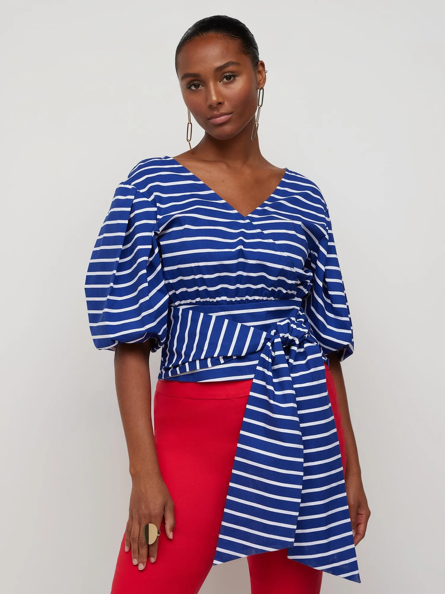 Striped Wrap-Waist Puff-Sleeve Poplin Top