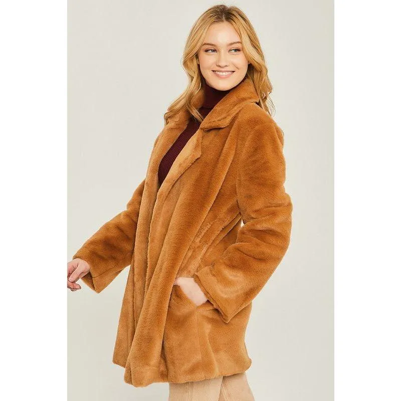 The Aspen Faux Fur Coat in Camel, Ivory and Black