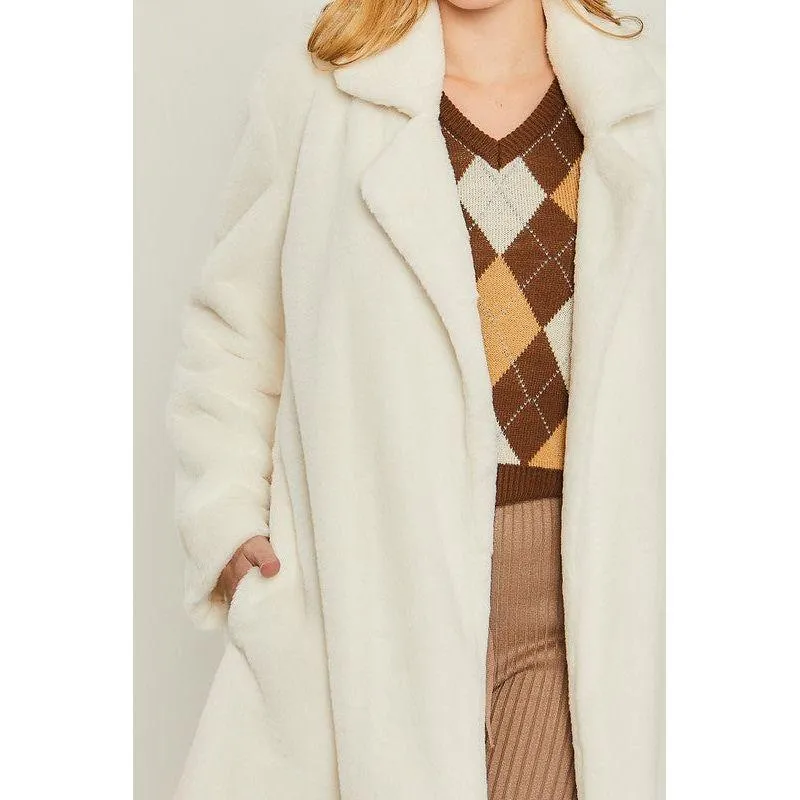 The Aspen Faux Fur Coat in Camel, Ivory and Black