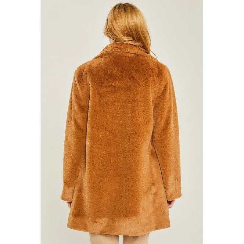 The Aspen Faux Fur Coat in Camel, Ivory and Black