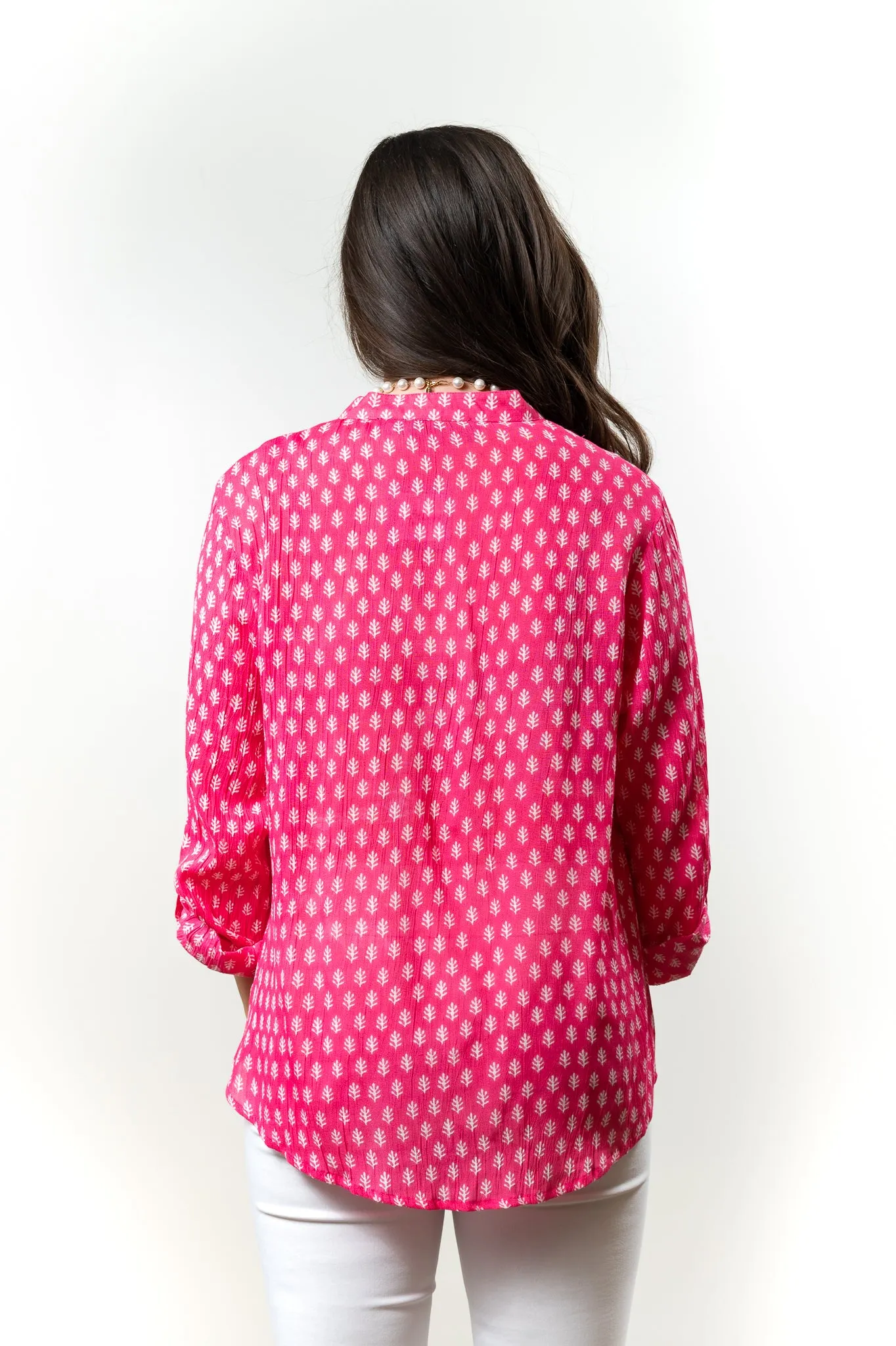 The Avery Button Front Top in Pink and White Hand Block Crepe