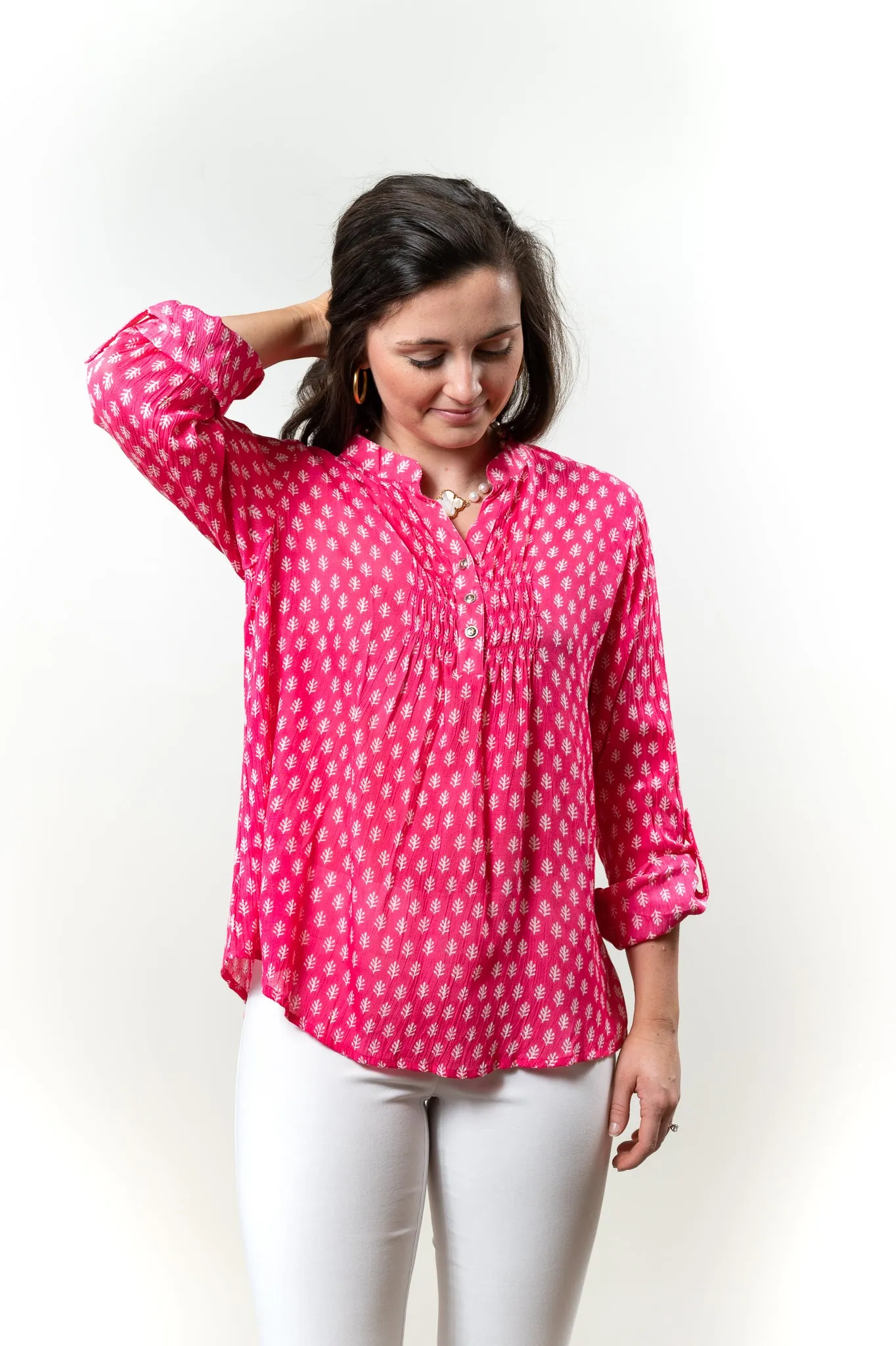 The Avery Button Front Top in Pink and White Hand Block Crepe