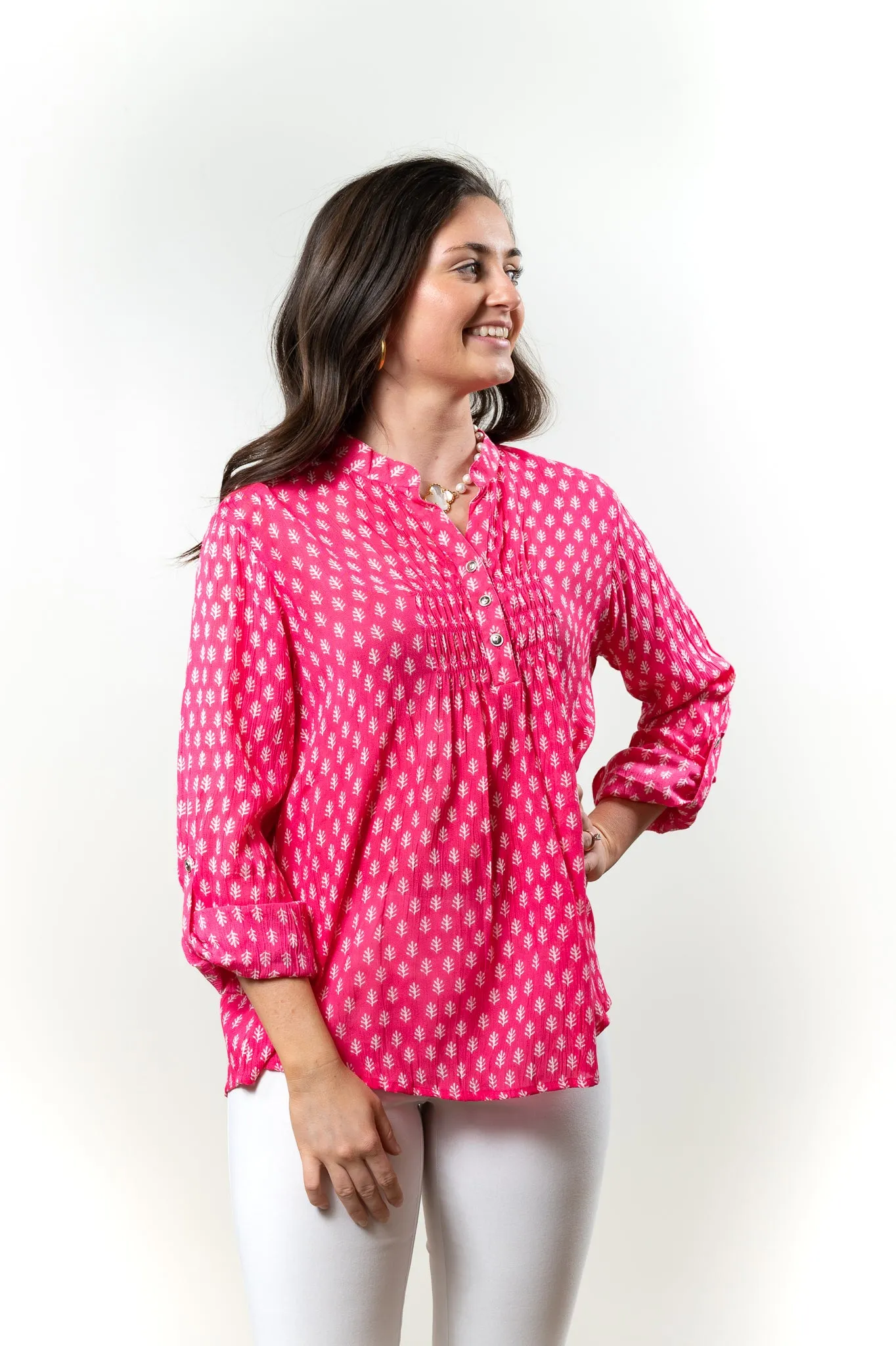 The Avery Button Front Top in Pink and White Hand Block Crepe