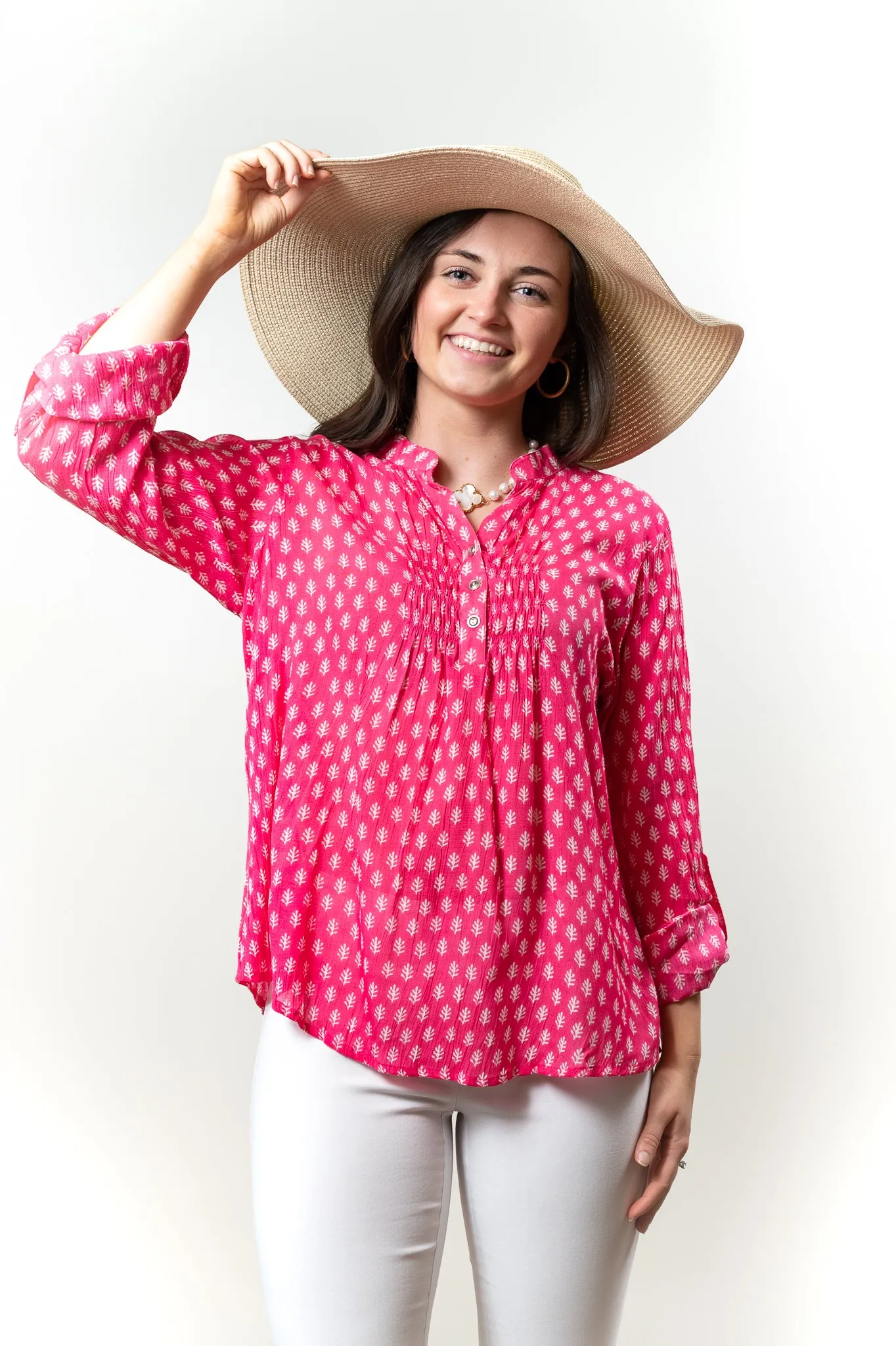 The Avery Button Front Top in Pink and White Hand Block Crepe