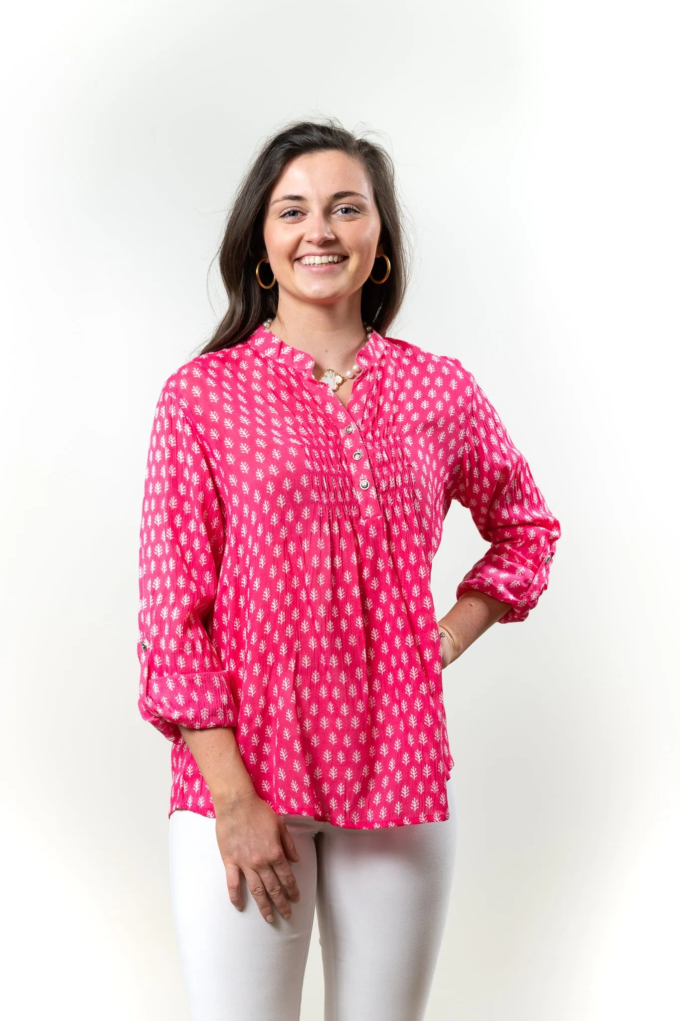 The Avery Button Front Top in Pink and White Hand Block Crepe