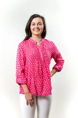 The Avery Button Front Top in Pink and White Hand Block Crepe