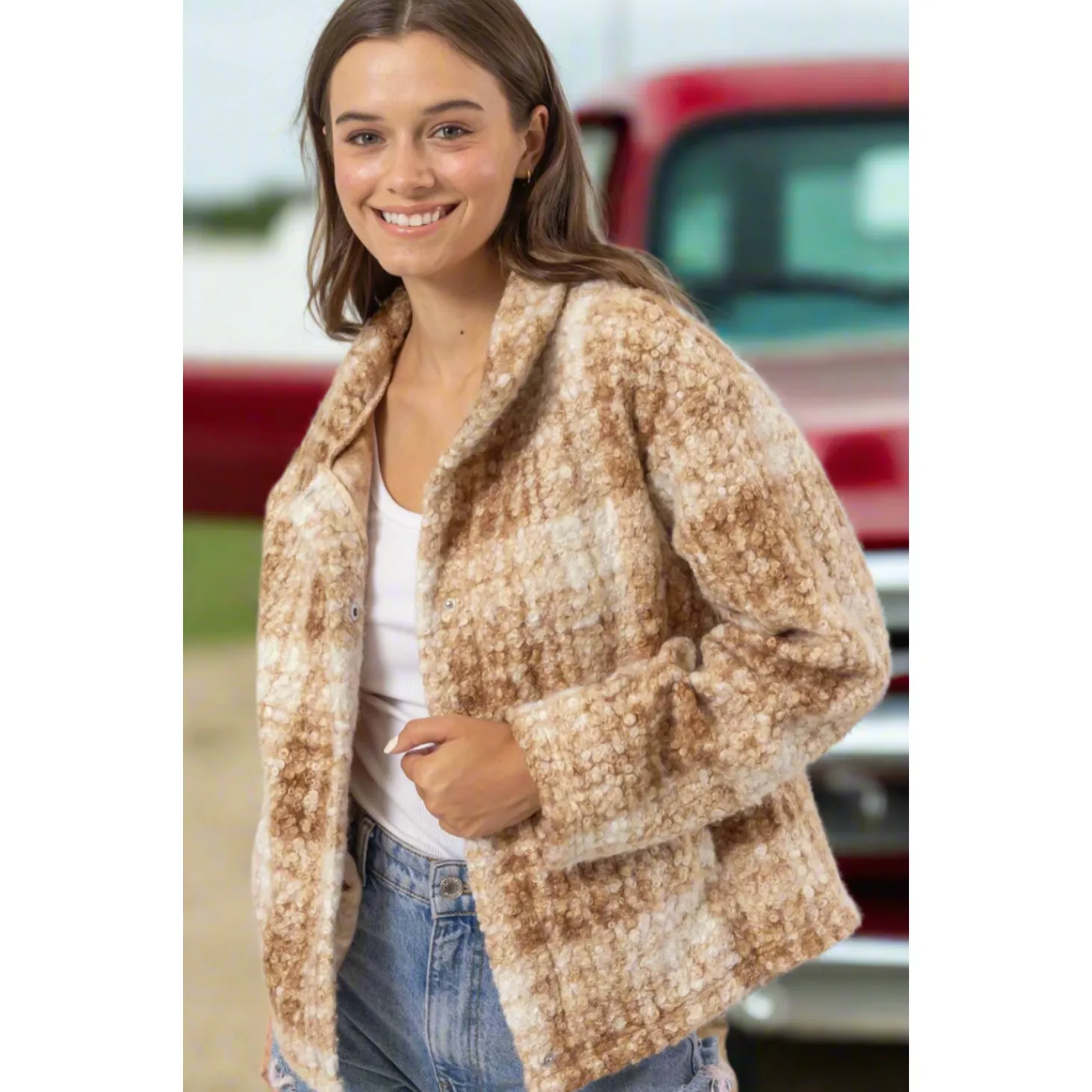 The Hayride Camel Plaid Cozy Jacket with Pockets