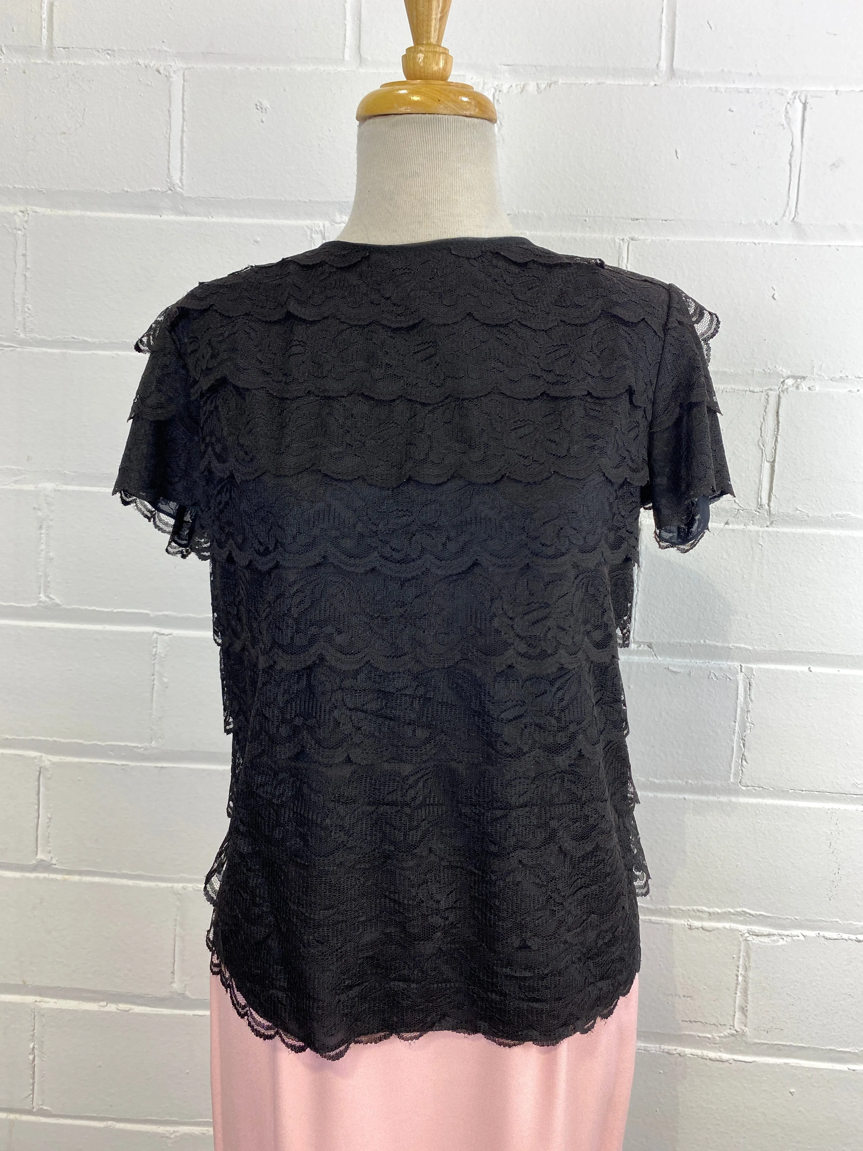 Vintage 1960s Black Lace Short Sleeve Top, Small