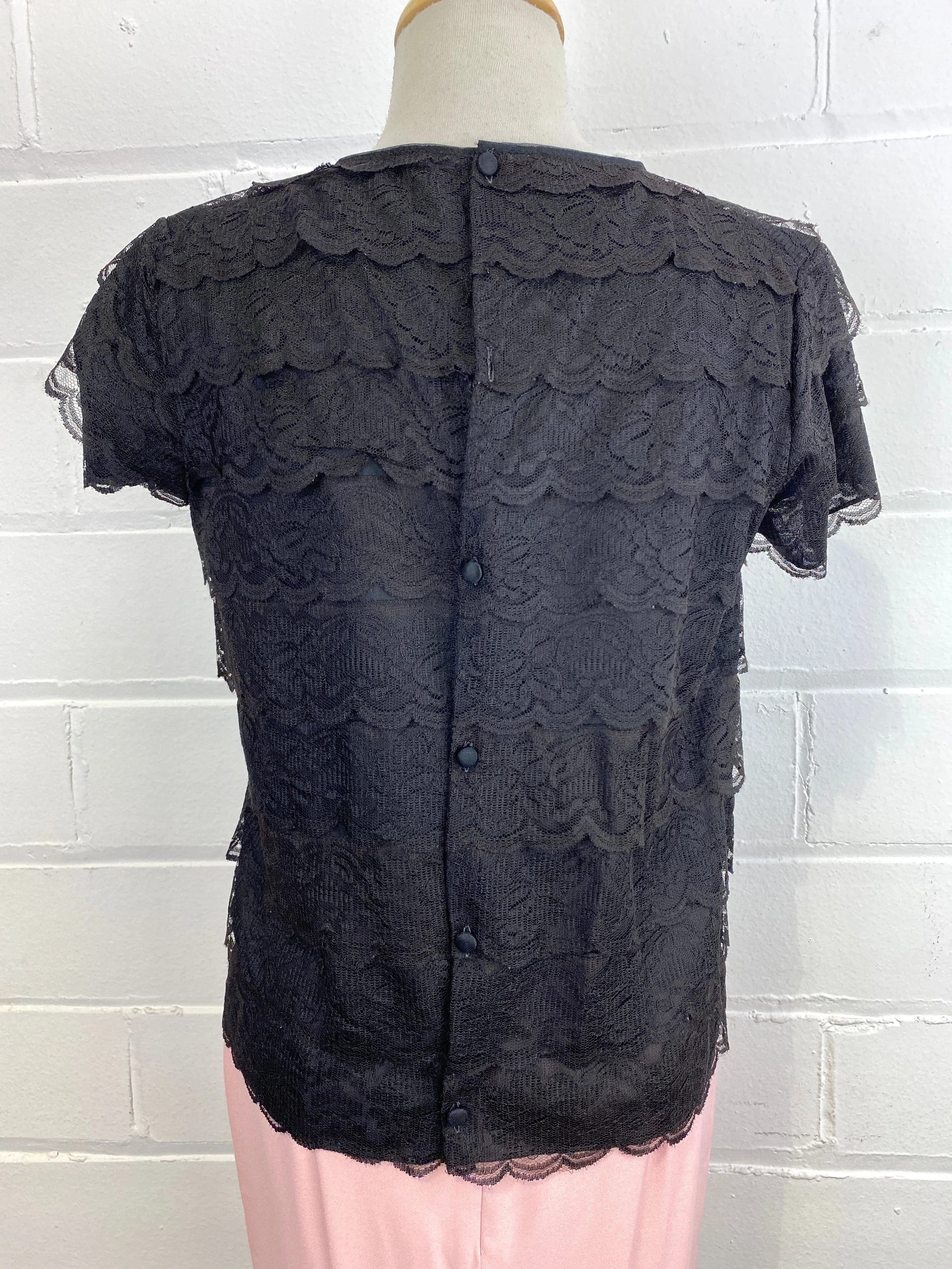 Vintage 1960s Black Lace Short Sleeve Top, Small