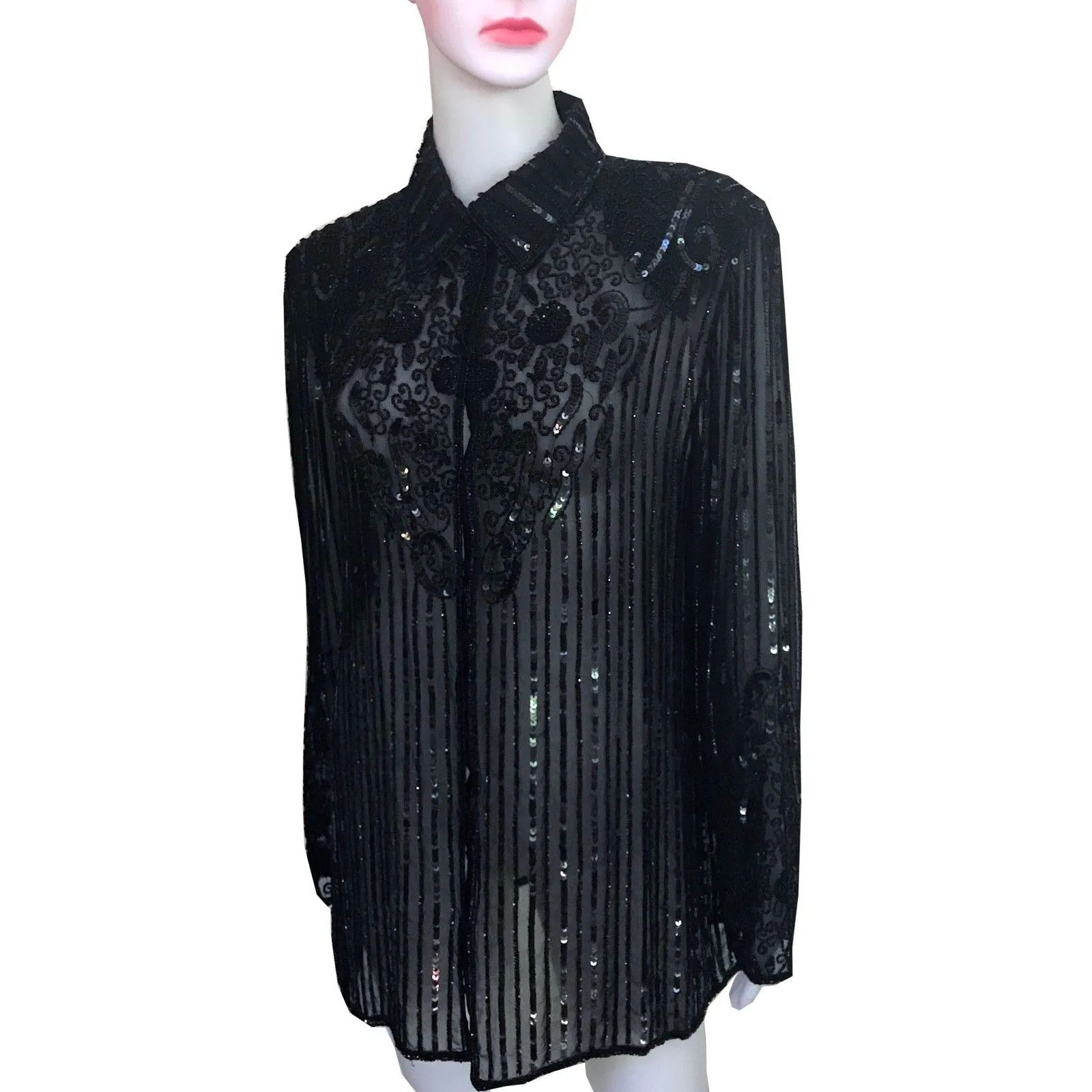 Vintage 1980s J Kara Beaded Silk Long Sleeve Blouse