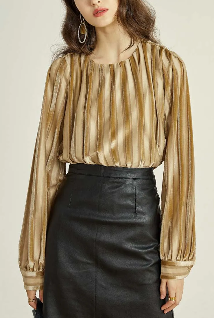 Vintage Long-sleeved Stripe Velvet Blouses