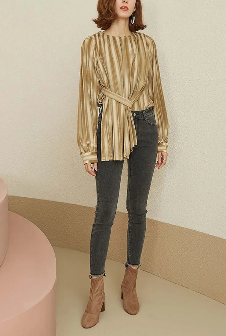 Vintage Long-sleeved Stripe Velvet Blouses