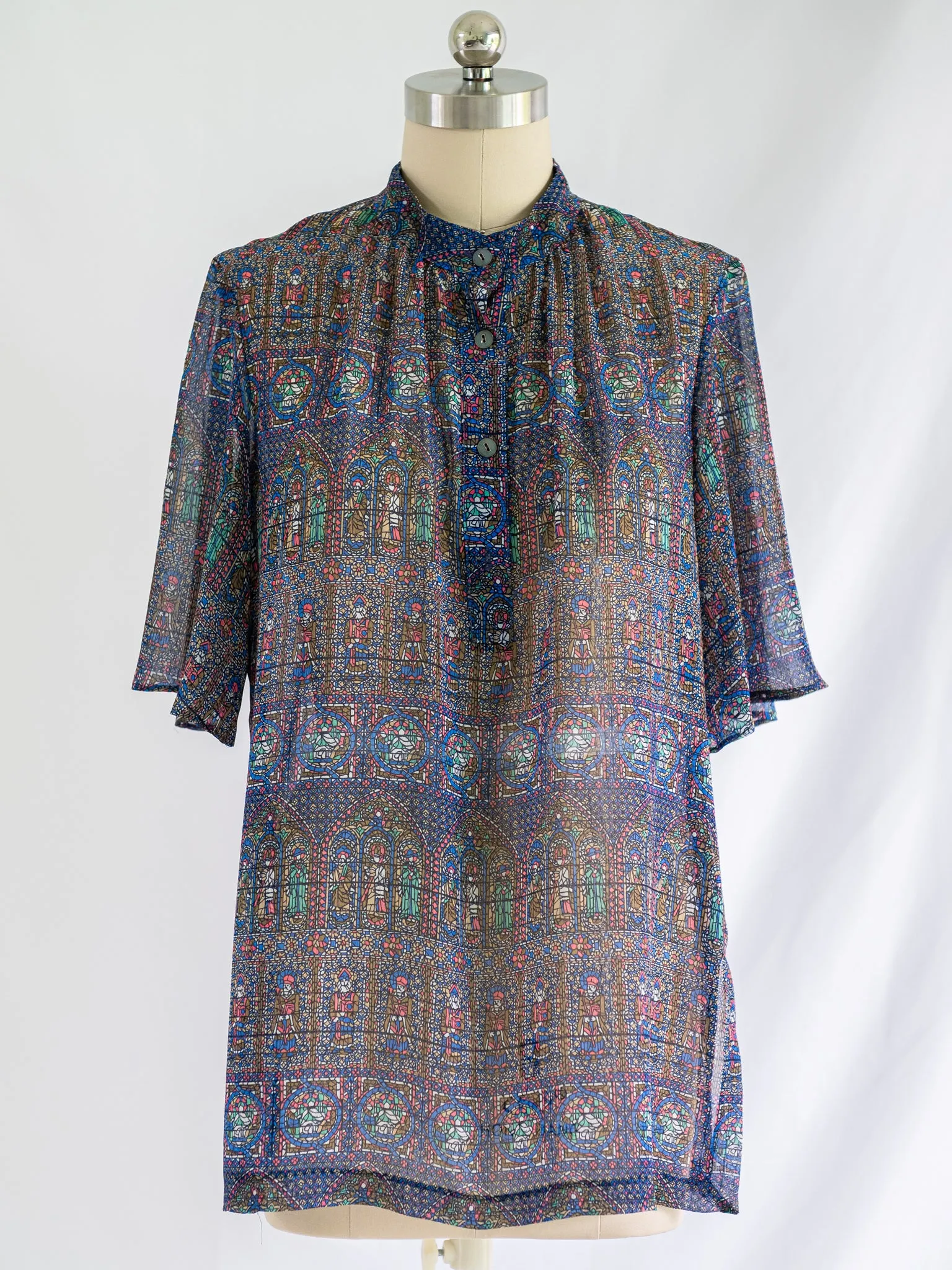 Vintage Mandala Print Mandarin Collared Chiffon Blouse