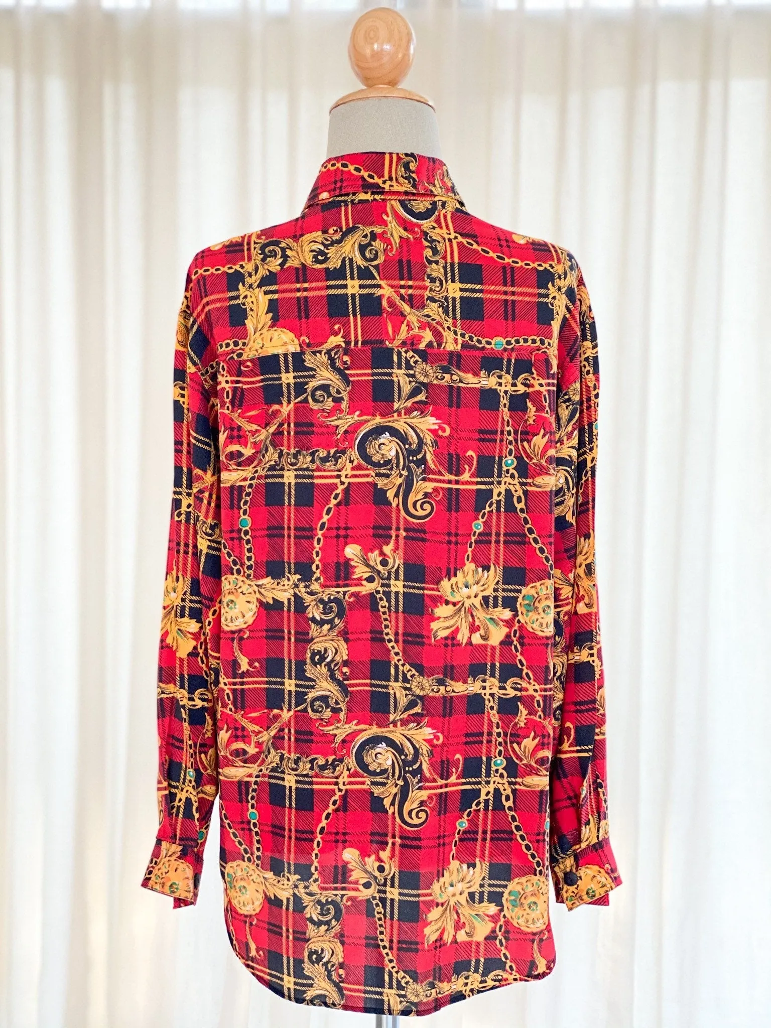 Vintage Silk Red and Black Check Baroque Print Blouse