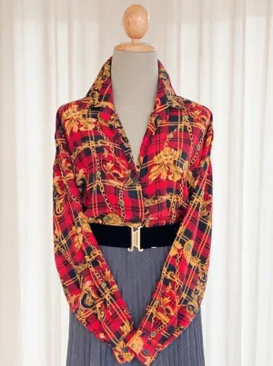 Vintage Silk Red and Black Check Baroque Print Blouse