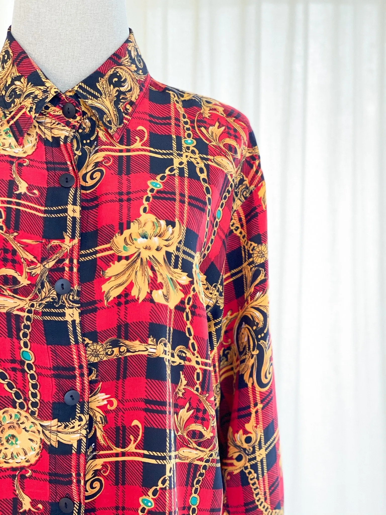 Vintage Silk Red and Black Check Baroque Print Blouse