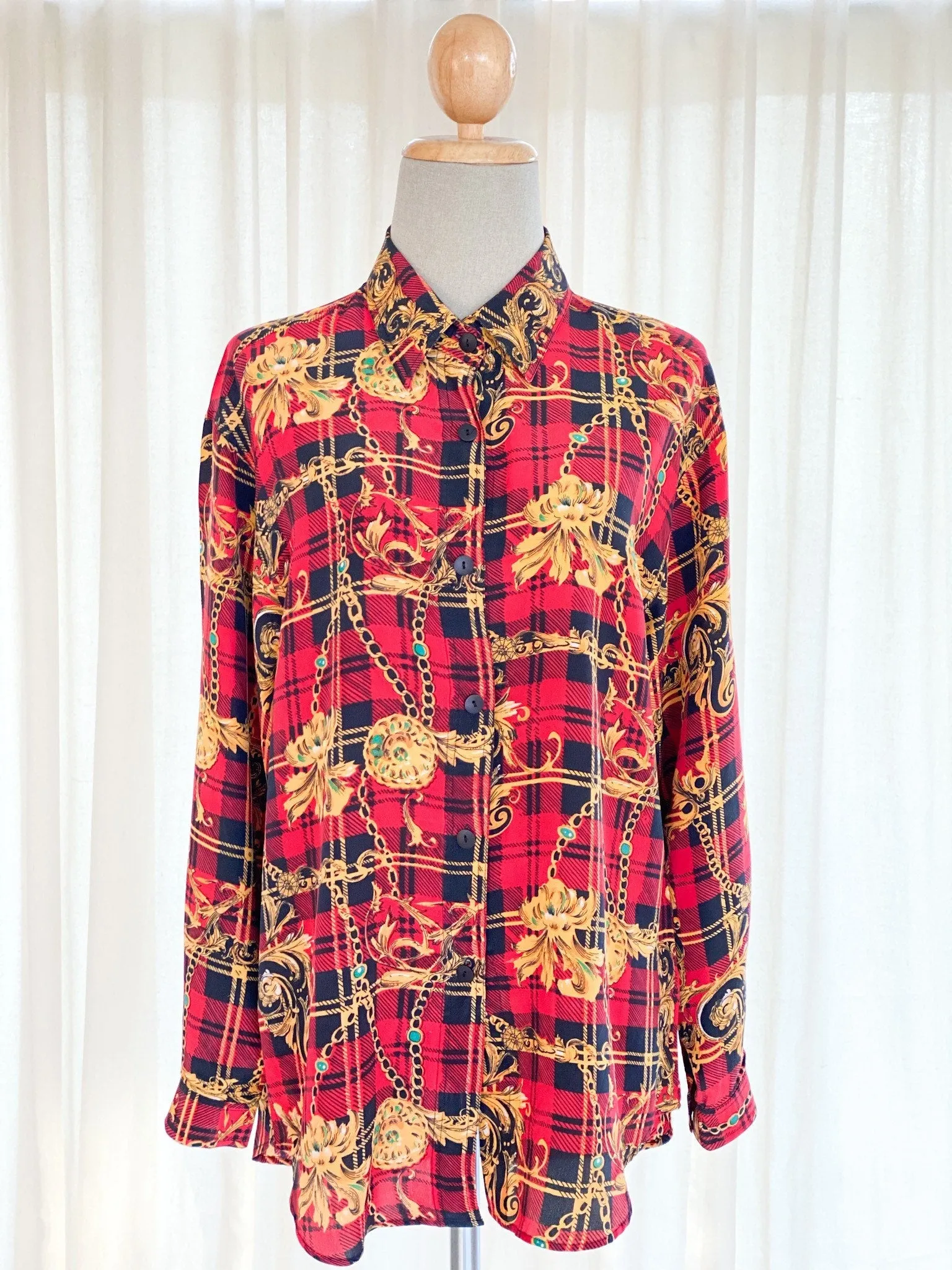 Vintage Silk Red and Black Check Baroque Print Blouse