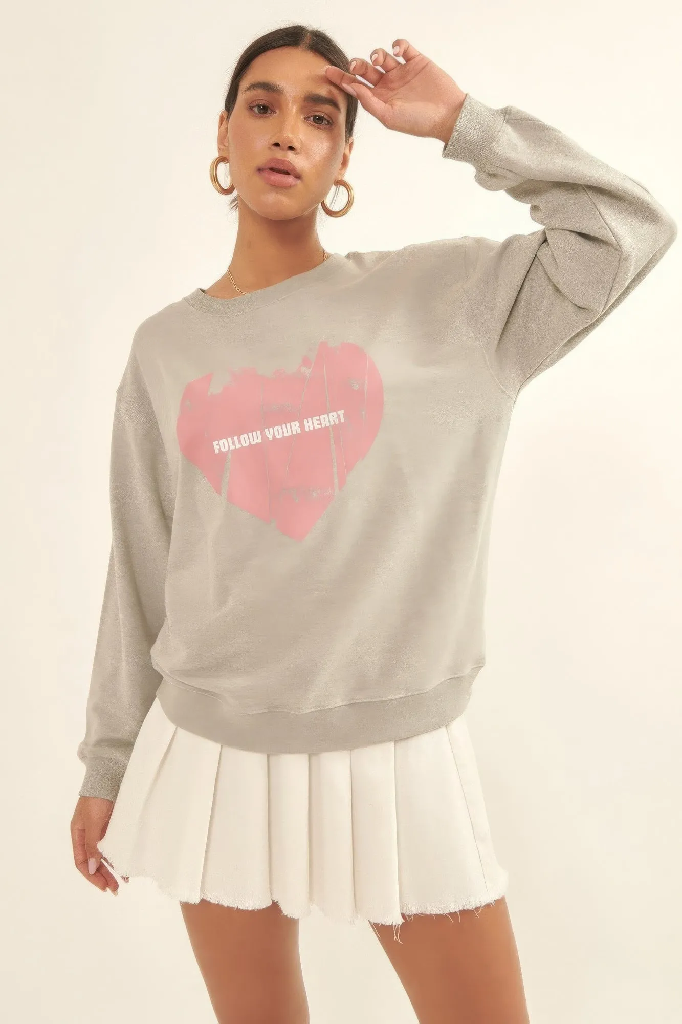 Vintage-style Heart Graphic Print French Terry Knit Sweatshirt