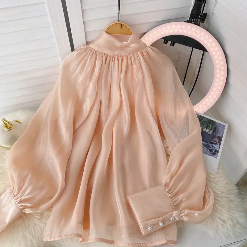 Woman Elegant Puff Sleeve Bowtie Shirt