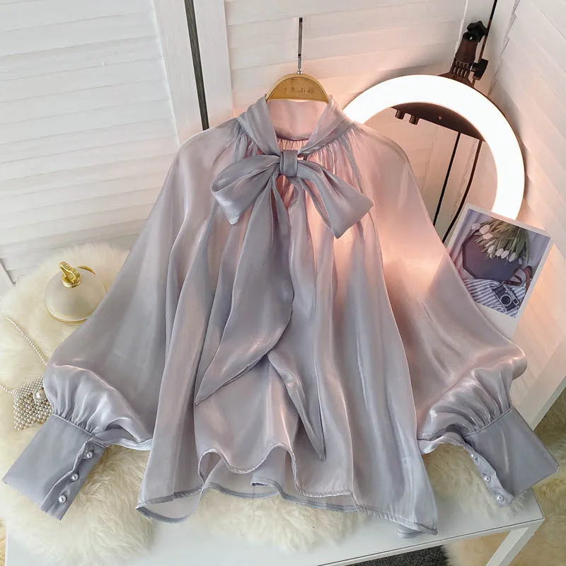 Woman Elegant Puff Sleeve Bowtie Shirt