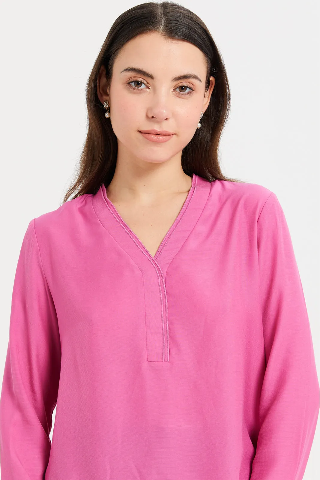 Women Fuchsia Double Band Detailed Blouse