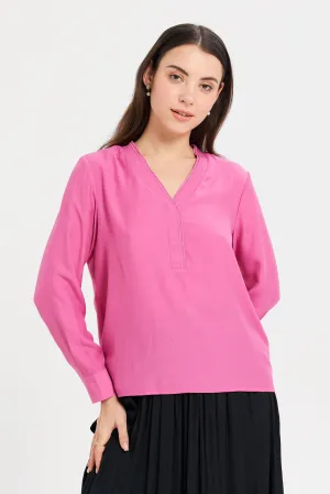 Women Fuchsia Double Band Detailed Blouse