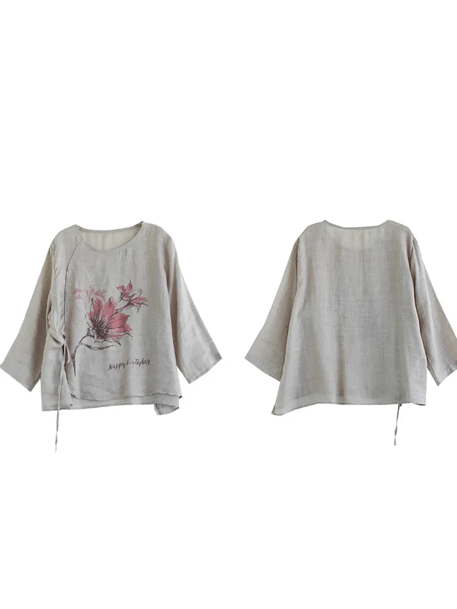 Women Spring Flower Vintage Strap Ramie Blouse KL1039