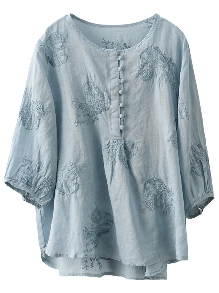 Women Summer Artsy Embroidery Ramie Shirt TY1020