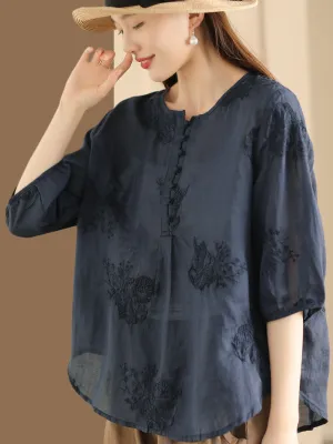 Women Summer Artsy Embroidery Ramie Shirt TY1020