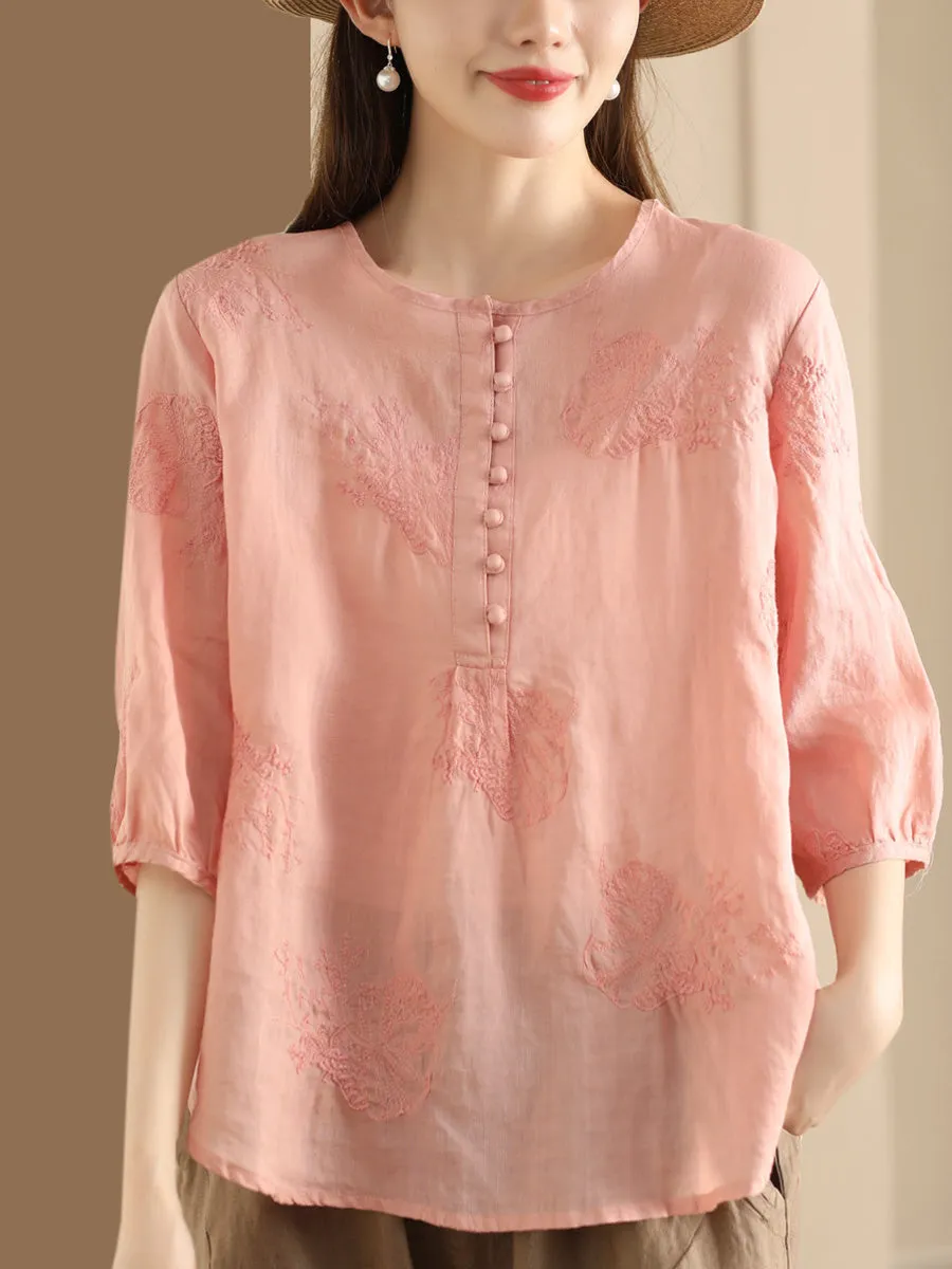 Women Summer Artsy Embroidery Ramie Shirt TY1020