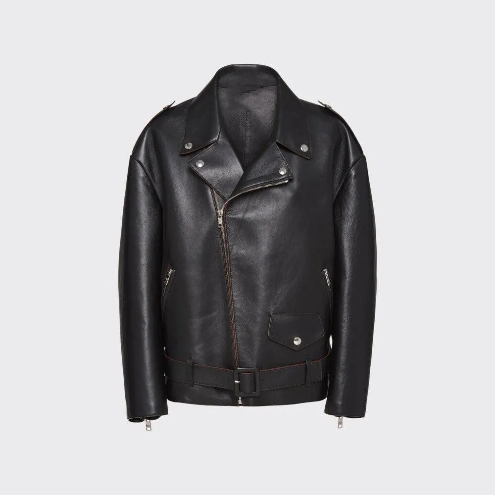 Women's black leather biker jacket