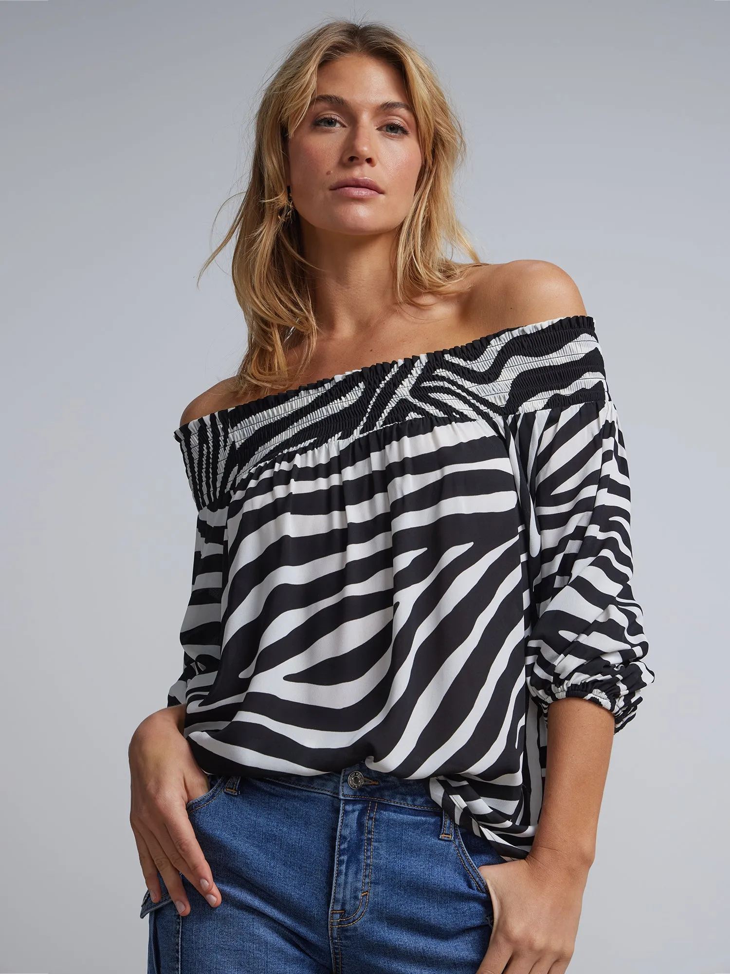 Zebra-Print Off-The-Shoulder Blouse