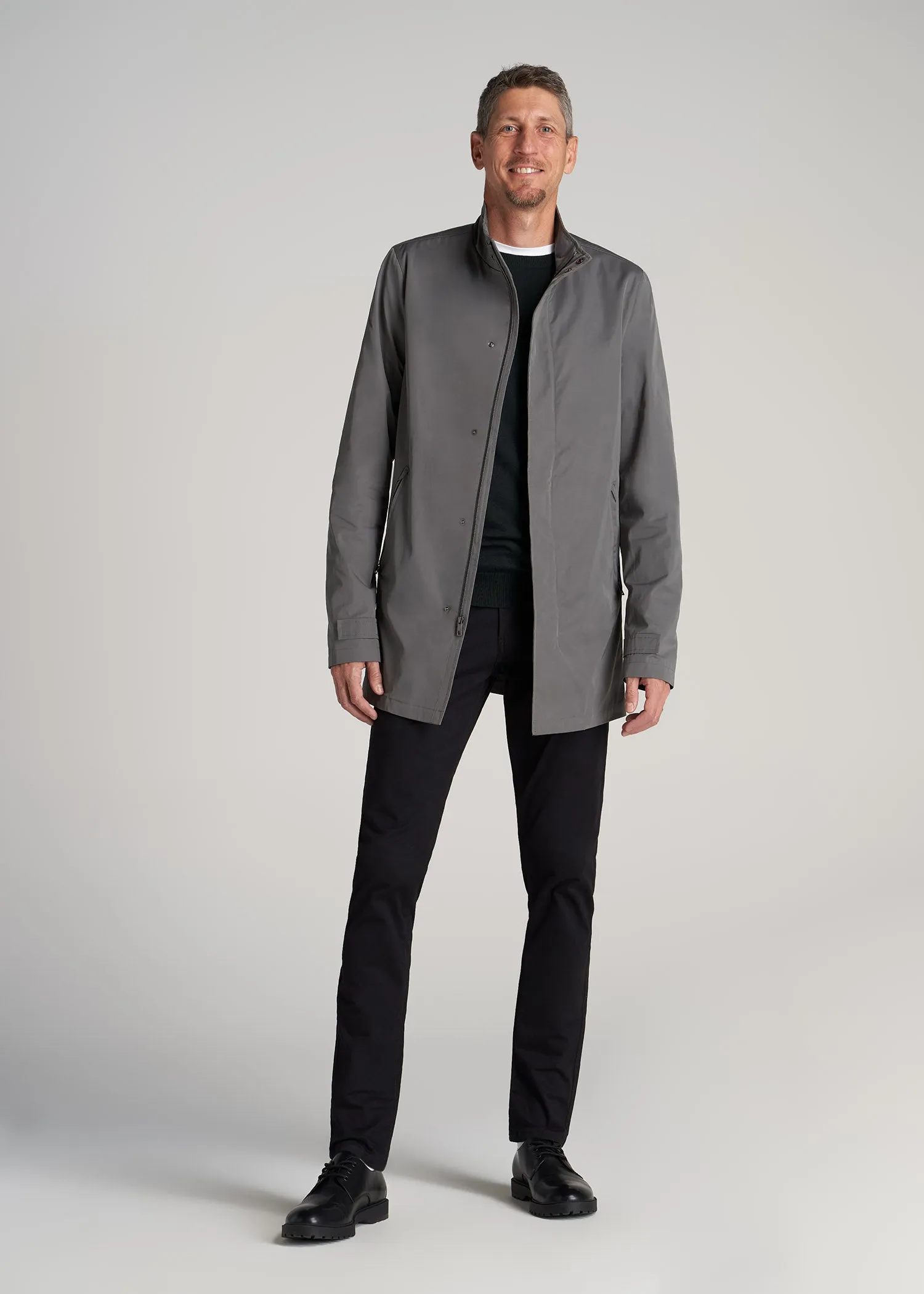 Zip Trench Coat for Tall Men in Slate Grey